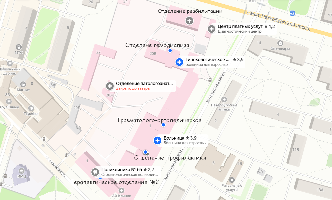 Схема корпусов и отделений Николаевской больницы на карте..