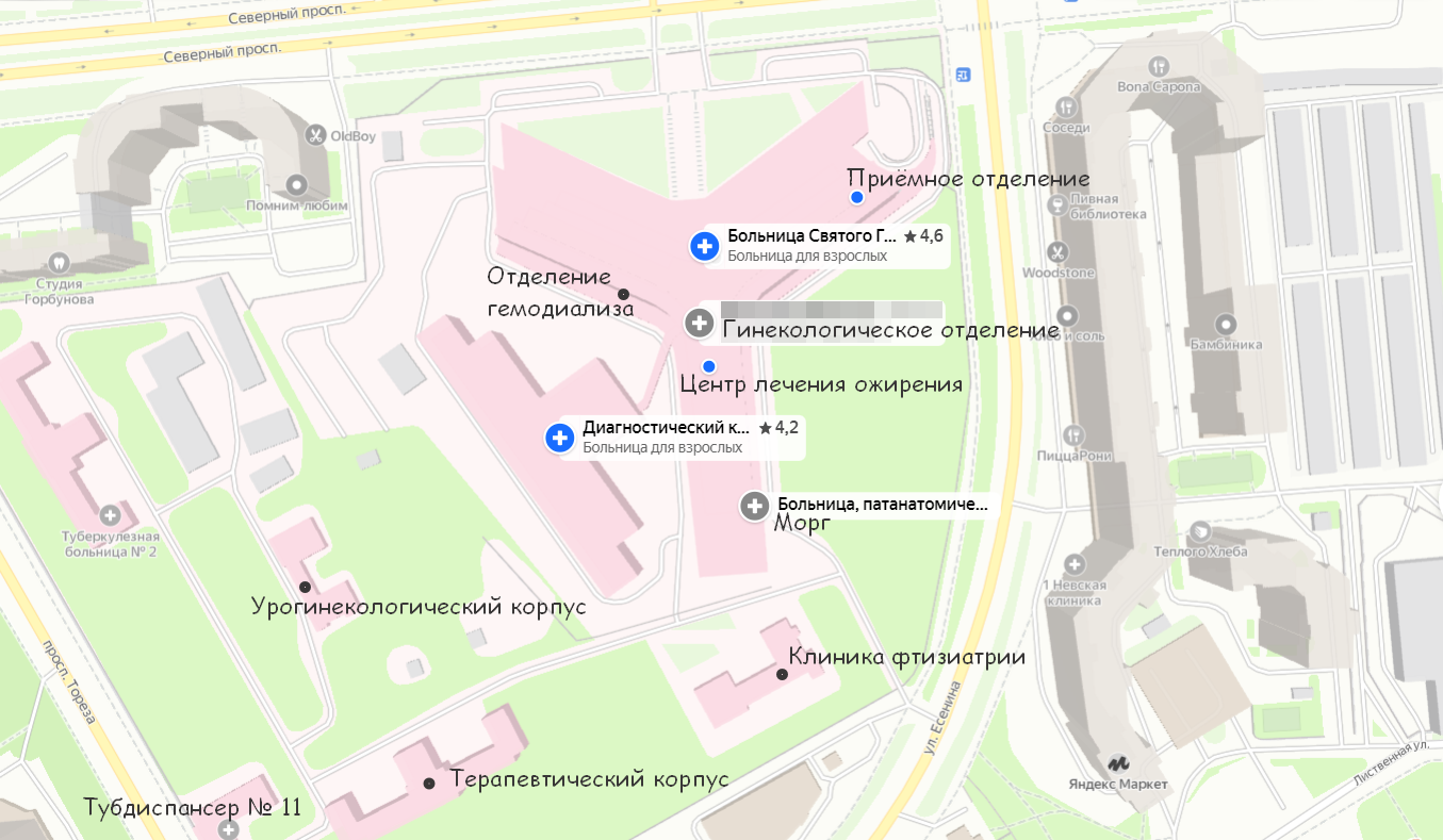 Схема корпусов больницы Св. Георгия на карте.