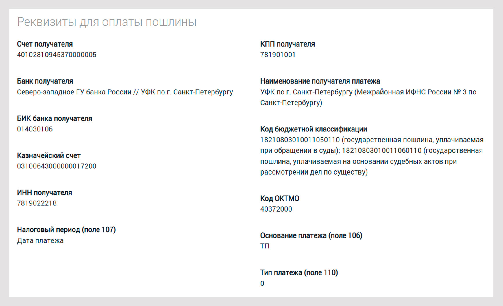 Реквизиты для оплаты пошлины по 115 судебному участку СПб.